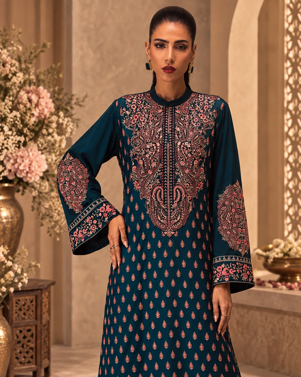 Zainab Chotani- Teal Paisley One- Piece Kaftan